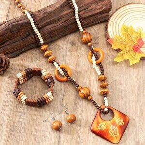 Necklace Bracelet Earrings Wood 4pc Set Carved Boho Hippie Beads Leaf Trendy NEW